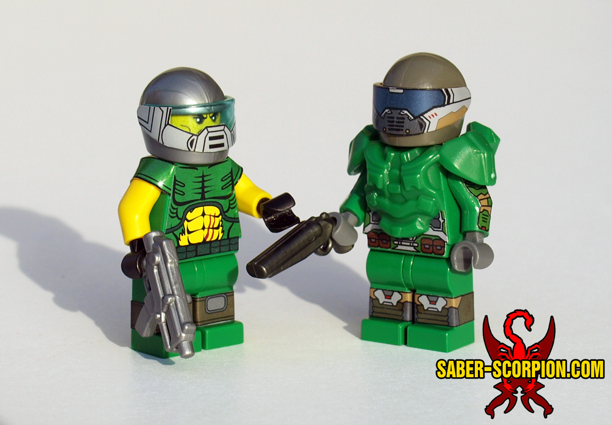 LEGO DOOM: Classic and Modern Doomguy, aka Doom Marine, aka Doom Slayer.